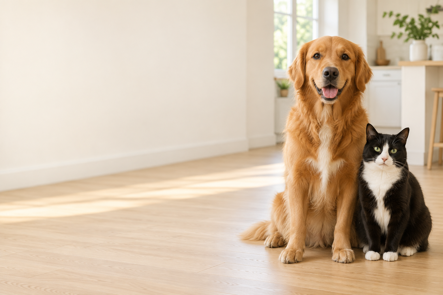 A golden retriever and a tuxedo cat sitting together in a bright kitchen